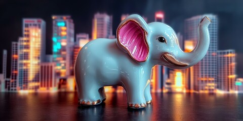 Porcelain elephant, city, night, lights, urban, fantasy, sculpture in modern skyline scene new beautiful stock image illustration AI