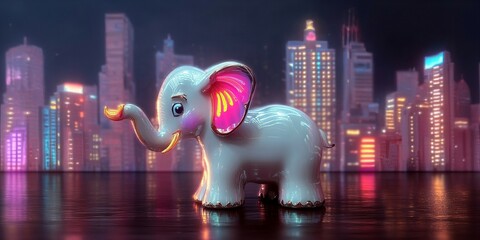 Porcelain elephant, city, night, lights, urban, fantasy, sculpture in modern skyline scene new beautiful stock image illustration AI