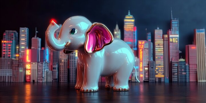 Porcelain elephant, city, night, lights, urban, fantasy, sculpture in modern skyline scene new beautiful stock image illustration AI