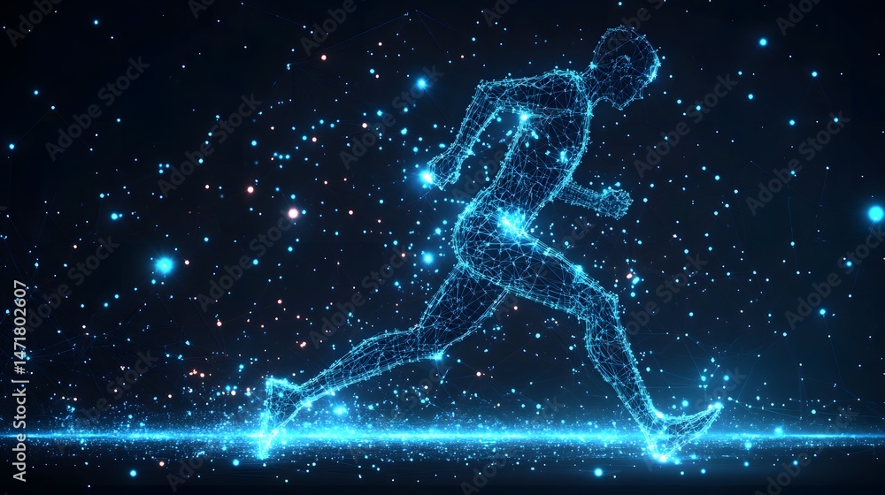 Poster futuristic runner made of light sprints through a digital landscape. a dynamic representation of spe
