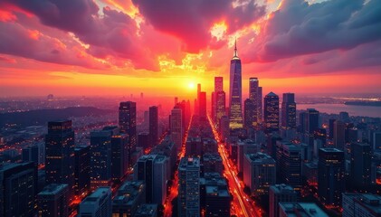Fototapeta premium Stunning cityscape skyline ablaze with vibrant sunset hues Golden hour light paints the buildings in warm tones , rays, dark
