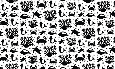 Sea Abstract Underwater Plants Shapes Silhouette Pattern, Coral Reef Plants, Different Types Of Marine Flora Decorative Elements, Abstract Sea Shells, Starfish.