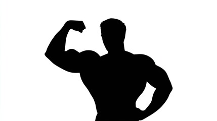 Silhouette of a bodybuilder flexing their biceps, a simple vector logo on a white background, in black and white