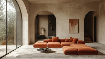 Modern interior, architecture, furniture, minimalism, design, livingroom, style concept in bright cozy apartment new beautiful stock image illustration AI