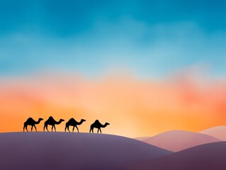 Silhouetted camels walking across rolling sand dunes at sunset, with a vibrant sky displaying hues of orange, pink, and blue, creating a serene and tranquil desert landscape atmosphere