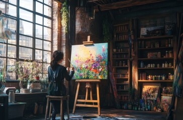 Girl painting on canvas in relaxing art space