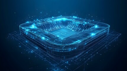 Futuristic wireframe stadium design, showcasing advanced technology and connectivity. The blue color palette evokes innovation, ideal for sports or tech concepts. Abstract dark blue wireframe.