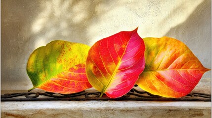 Autumn Leaves Still Life Capturing Vibrant Colors Rich Textures on Rustic Surface with Play of Light and Shadow