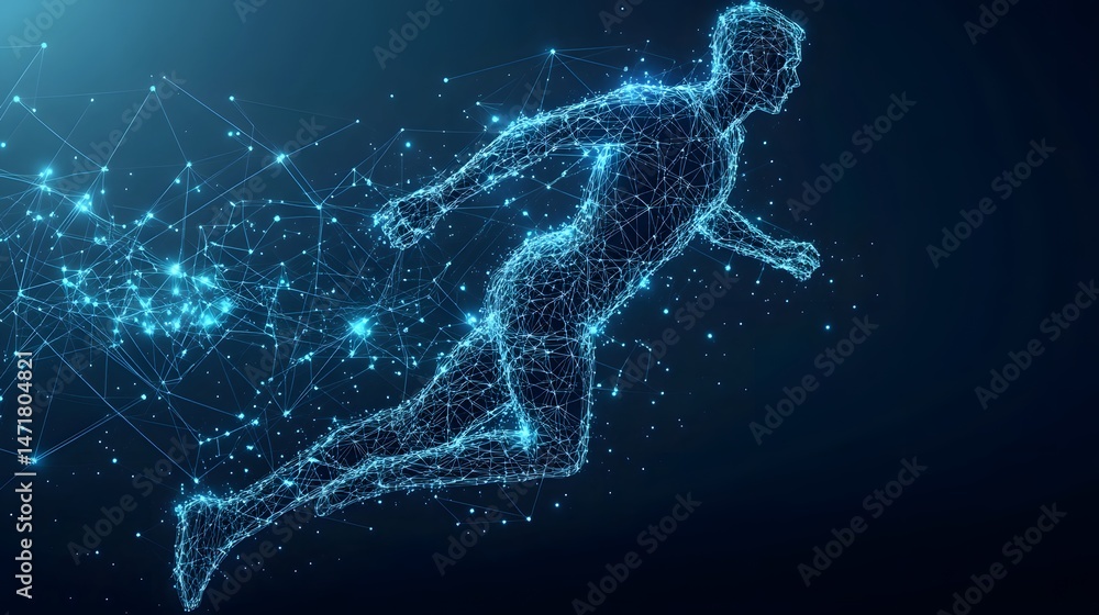 Poster Futuristic digital human leaps forward, a network of blue light depicting movement and connection. Technology meets humanity in this abstract representation. Abstract dark blue wireframe