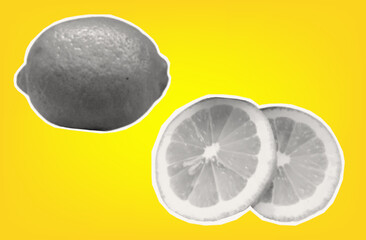 Fresh lemon. Citrus tropical fruit with halftone texture. Sour raw fresh food. Isolated lemon on yellow background for modern art collage design. Vector paper cut element.