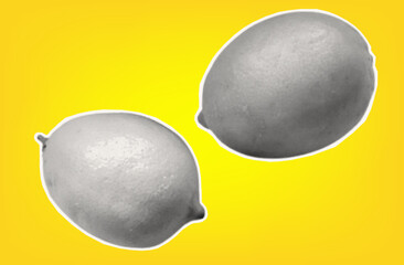 Two whole lemon. Citrus tropical fruit with halftone texture. Sour raw fresh food. Isolated lemon on yellow background for modern art collage design. Vector paper cut element.