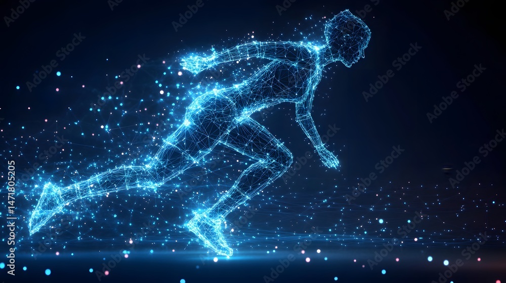 Poster dynamic digital runner showcases technology's intersection with athleticism. glowing blue wireframe 