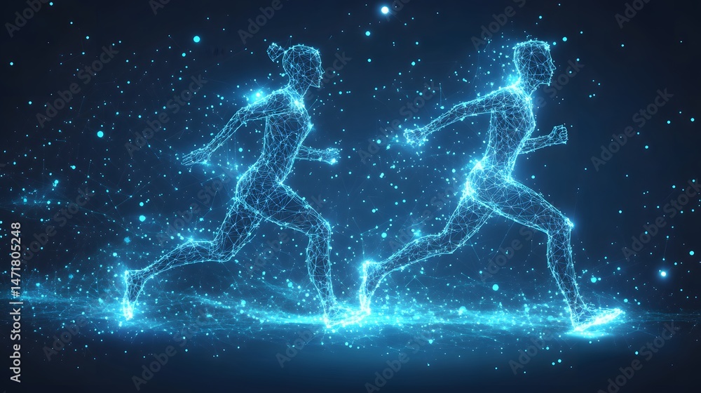 Poster Dynamic wireframe figures sprint against a starry, digital backdrop, illustrating advanced technology and virtual reality. Capturing movement and innovation. Abstract dark blue wireframe.