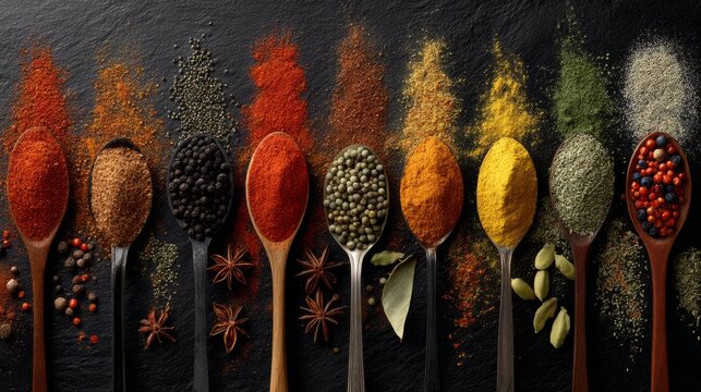 A collection of spices are displayed on a table, including black pepper, cumin