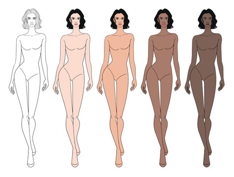 Colored skin tones fashion croquis figurines walking with curly short hair woman in vector.