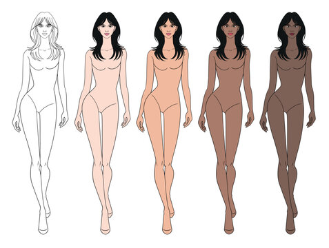Colored skin tones fashion croquis figurines walking with long hair woman in vector.