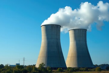 Large industrial cooling tower emitting steam against a blue sky , technology, architecture
