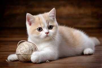 Obraz premium A kitten is laying on a wooden floor with a ball of yarn in its paws. The kitten appears to be curious and playful, as it holds the yarn in its paws. Concept of innocence and joy