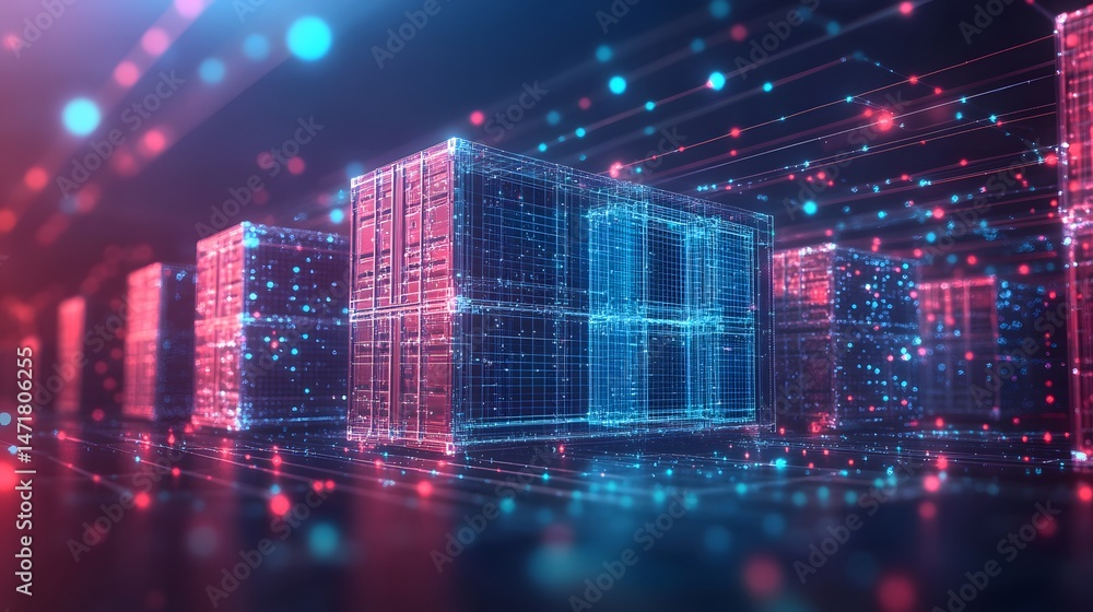 Poster Futuristic neon city of interconnected shipping containers. Red and blue grid lines create a digital, tech-inspired world. Data streams above add to the complexity. Abstract dark blue wireframe