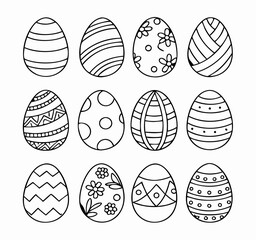 Twelve Easter Eggs Coloring Page: Line Art Designs