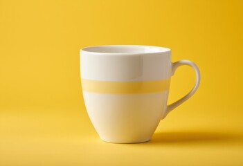 There is a white coffee cup with a yellow stripe above it