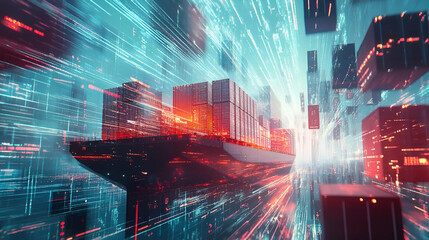 Futuristic Cargo Ship in a Digital Network