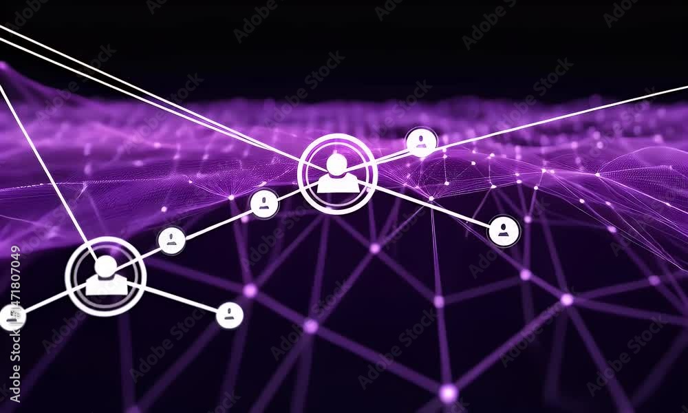 Poster abstract purple digital network with white connected nodes and lines