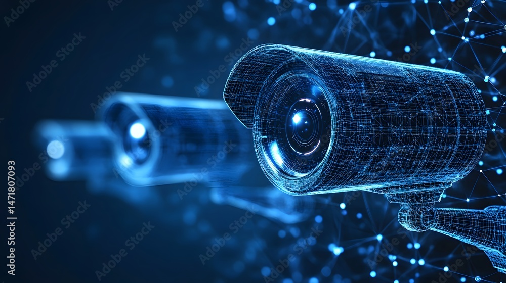 Aufkleber Futuristic security cameras with glowing wireframe design monitor a digital network. High-tech surveillance for modern protection. Data flow and advanced technology, Abstract dark blue wireframe