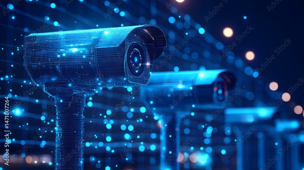 Aufkleber Futuristic security camera array with blue grid design & bokeh lights. Sharp focus & depth of field create a modern, high-tech vibe. Perfect for security concepts Abstract dark blue wireframe