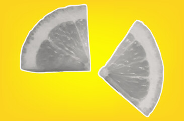 Whole lemon. Citrus tropical fruit with halftone texture. Sour raw fresh food. Isolated lemon on yellow background for modern art collage design. Vector paper cut element.