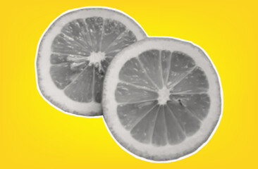 Lemon slice. Citrus tropical fruit with halftone texture. Sour raw fresh food. Isolated lemon on yellow background for modern art collage design. Vector paper cut element.