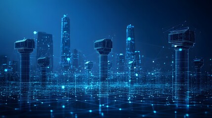 Obraz premium Futuristic blue cityscape glows with digital interconnectedness. Pillars morph into tech, mirroring a smart city's virtual heartbeat, ideal for Abstract dark blue wireframe.