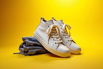 Stylish pair of white high top sneakers on a vibrant yellow background next to a folded piece of denim clothing.