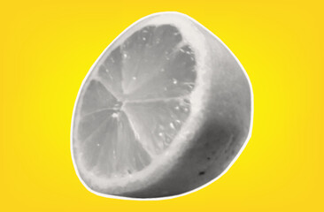 Half a lemon. Citrus tropical fruit with halftone texture. Sour raw fresh food. Isolated lemon on yellow background for modern art collage design. Vector paper cut element.