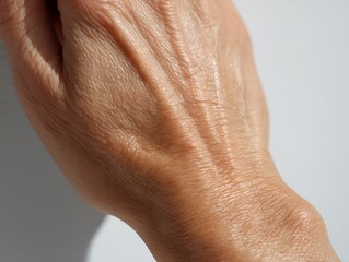 Fototapeta premium Close-up of an elderly woman's hand on a white background. Wrinkles and skin texture are visible