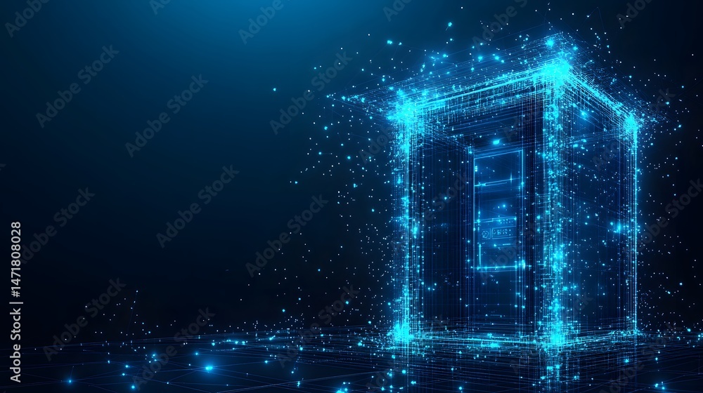Poster a captivating wireframe building emerges from digital darkness. interconnected blue lines create a t