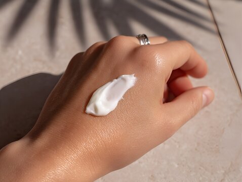 Female hand with cream applied to skin against tiled floor and sunlight