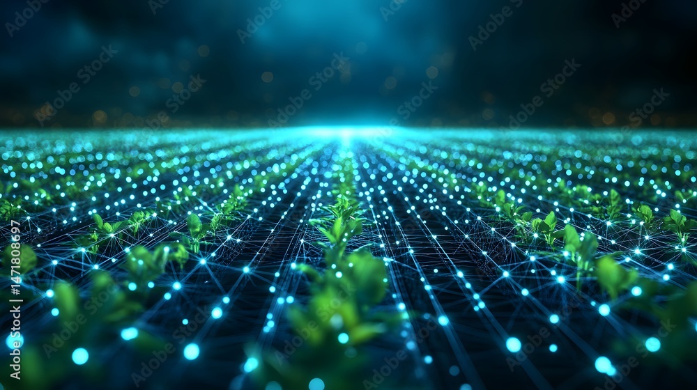 Poster a vibrant field merges with technology. glowing blue lines connect points above young plants, sugges