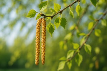 Obraz premium Spring birch blossom scene with fresh green leaves