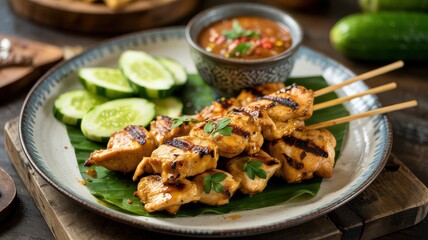 Fototapeta premium Grilled Chicken Satay Skewers with Sliced Cucumber and Spicy Peanut Sauce.