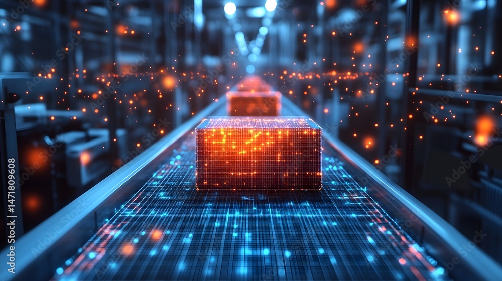 Poster futuristic industrial scene featuring a glowing conveyor belt with orange cubes. floating particles 