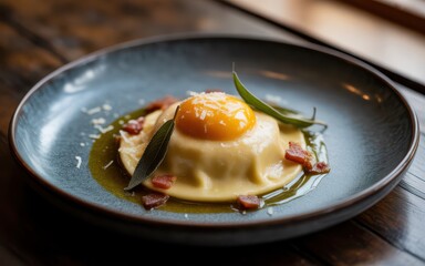 Italian Raviolo with Runny Egg Yolk, Crispy Pancetta, and Sage Butter Sauce.
