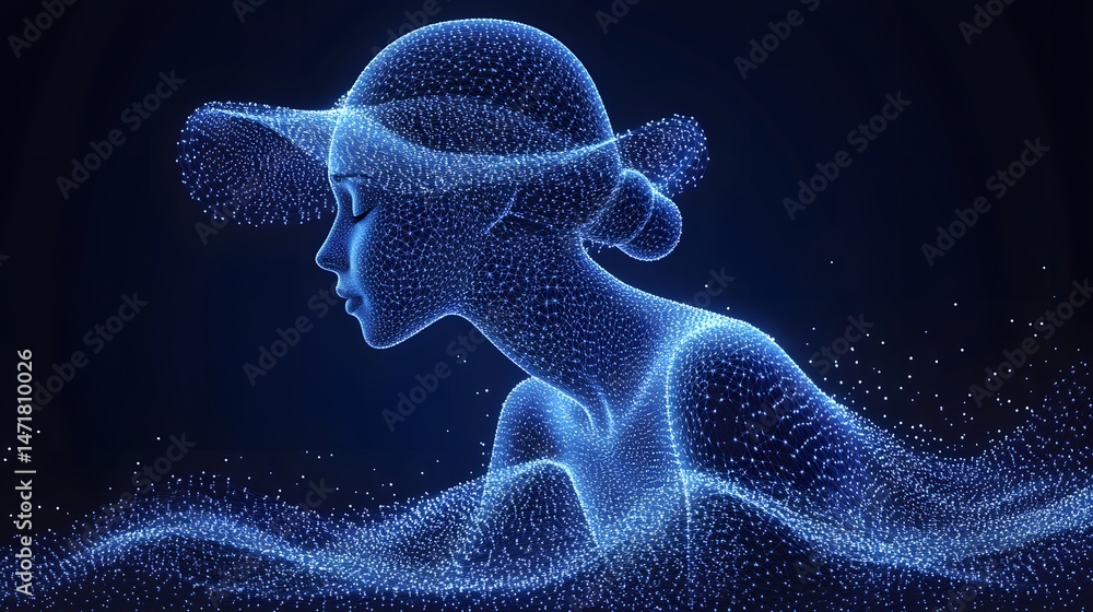 Aufkleber ethereal wireframe of a woman in repose, her closed eyes conveying peace. the blue lines glow agains