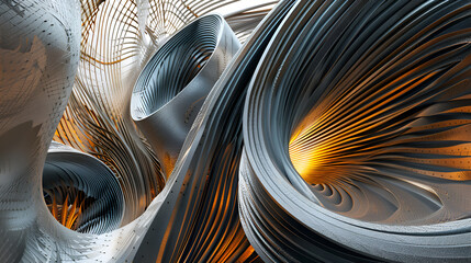 Abstract silver structures with orange light shining through intricate layered patterns inside forms