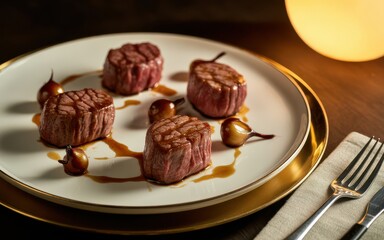 Seared Beef Medallions with Glazed Pearl Onions and Sauce Drizzle.