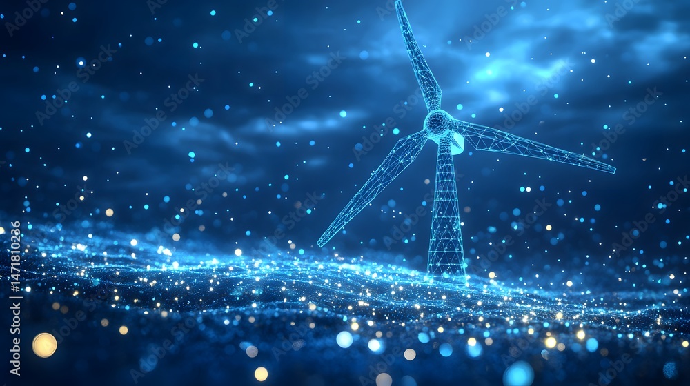 Poster Futuristic wind turbine model rendered in blue wireframe, generating power on a particle surface. Clean energy concept visualized for the digital age. Sustainable power Abstract dark blue wireframe