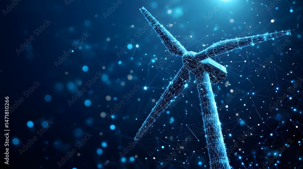 Poster futuristic wind turbine illustration against a deep blue, networked background. wireframe design evo