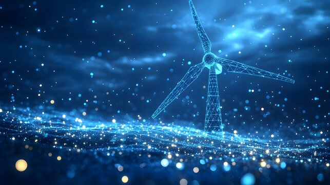 Futuristic wind turbine model rendered in blue wireframe, generating power on a particle surface. Clean energy concept visualized for the digital age. Sustainable power Abstract dark blue wireframe