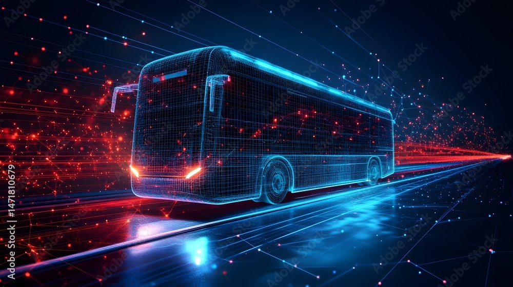 Poster Futuristic bus concept with a glowing wireframe design against a dynamic backdrop. Perfect for transportation, technology, and innovation themes. Abstract dark blue wireframe