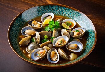 There is a bowl of clams in broth with lemon wedges